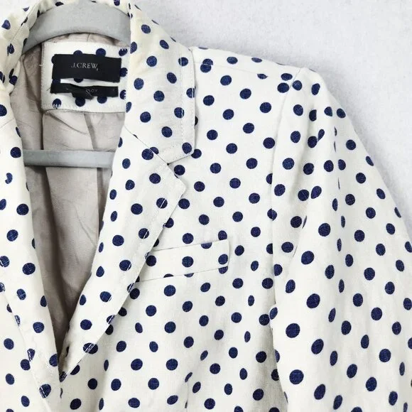 J Crew Jacket Womens 8 White Navy Blue Polka Dot Linen Schoolboy Blazer Career - Picture 2 of 15
